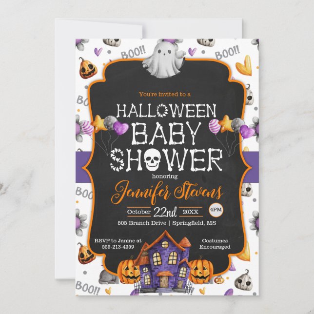 Convite para Chá de fraldas do Halloween Watercolo (Frente)