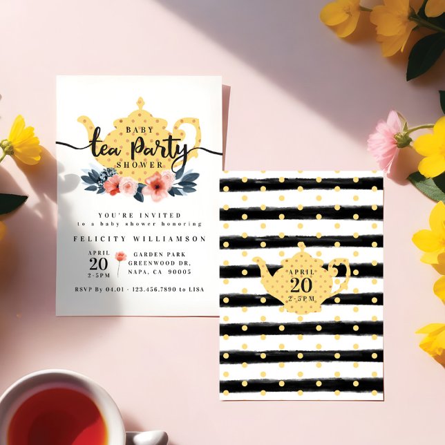 Convite para Chá de fraldas do Partido Floral Amar (Yellow Floral Tea Party Baby Shower Invitation)