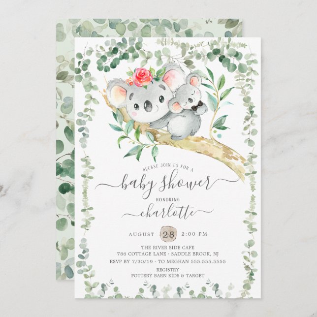 Convite para Chá de fraldas do Sweet Koala Bear Bo (Frente/Verso)