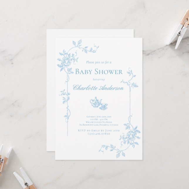 Convite para Chá de fraldas do Tea Party Azul (Frente/Verso In Situ)