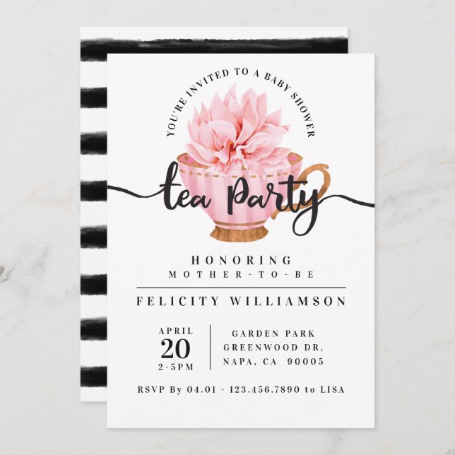 Convite para Chá de fraldas do Teacup Tea Party, C (Frente/Verso)