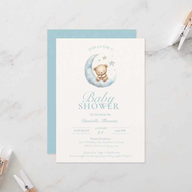 Convite para Chá de fraldas do Urso de Folga Azul (Frente/Verso In Situ)