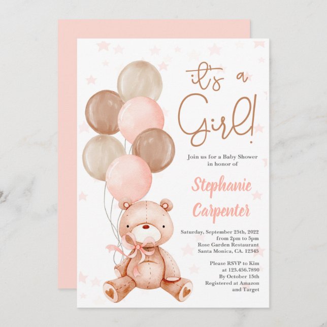 Convite para Chá de fraldas do Urso de Teddy (Frente/Verso)