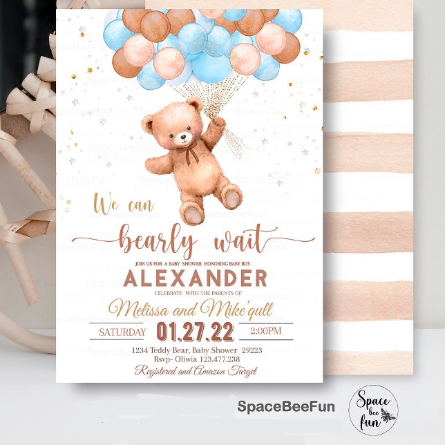 Convite Para Chá de fraldas Do Urso De Teddy Podem (Teddy Bear baby shower boy,Baby Shower bear invitation,boho bohemian bear,We Can Bearly Wait invites)