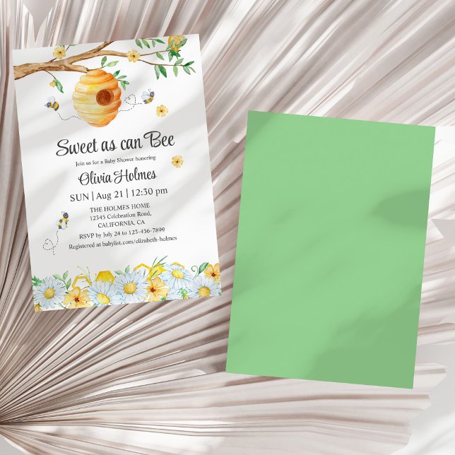 Convite para Chá de fraldas "Doce Como Pode Abelha ("Sweet as can Bee" Baby Shower Invitation on a sunny white dry palm leaf.)