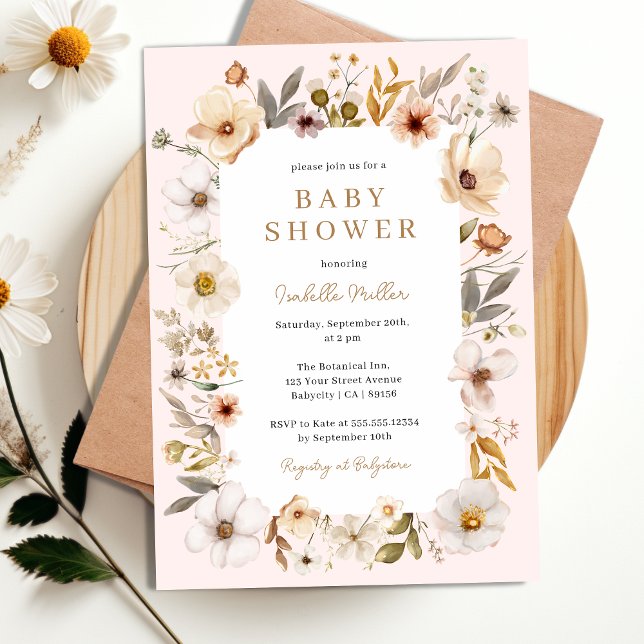 Convite para Chá de fraldas Dourado de Menina Flor (Blush Pink Gold Floral Girl baby shower Invitation)