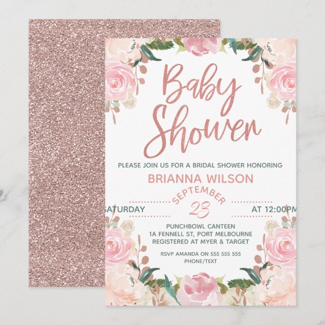 Convite para Chá de fraldas Dourado Floral Rosa (Frente/Verso)