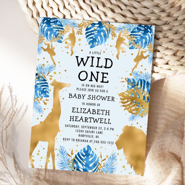 Convite para Chá de fraldas Dourado Safari Blue Bo (Criador carregado)