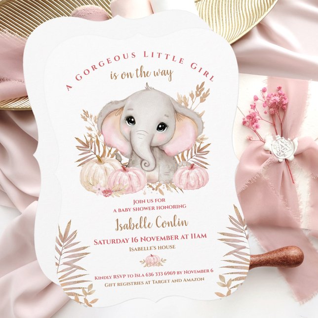 Convite para Chá de fraldas Elefante de Menina de  (Pink & Rose gold Fall Baby Shower Invitation With The Cutest Elephant And Pumpkins)