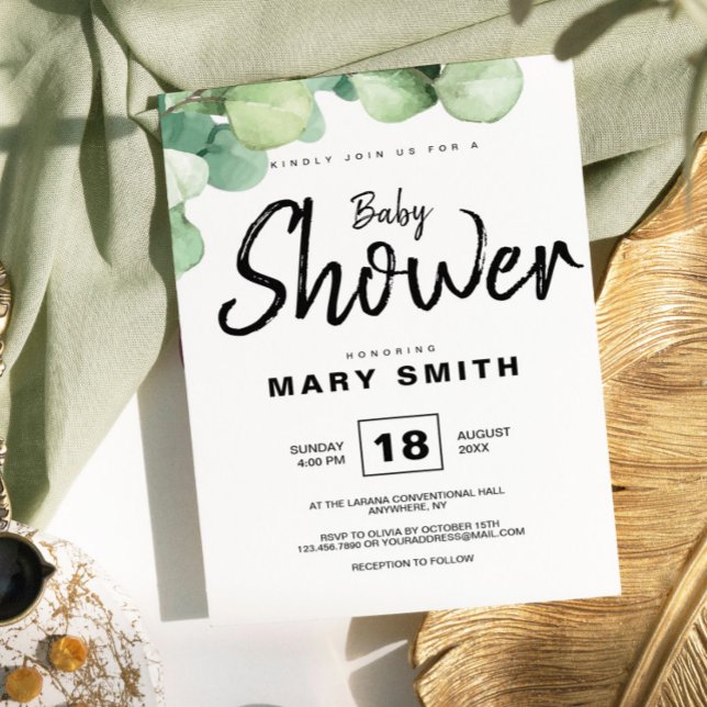 Convite para Chá de fraldas Eucalyptus Russo Verde (Eucalyptus Green Rustic Baby Shower Invitation, Oh Baby Invitation)