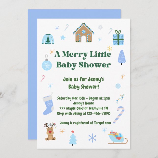 Convite para Chá de fraldas Feliz Azul (Frente/Verso)