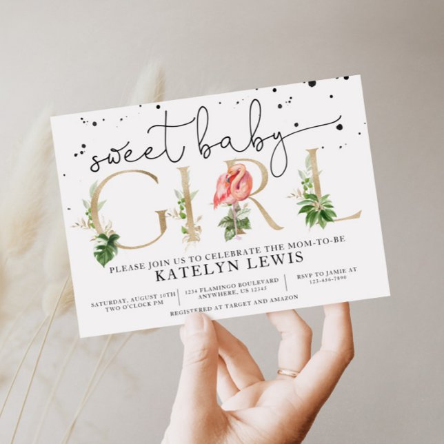 Convite para Chá de fraldas Flamingo com Folhas de (Criador carregado)