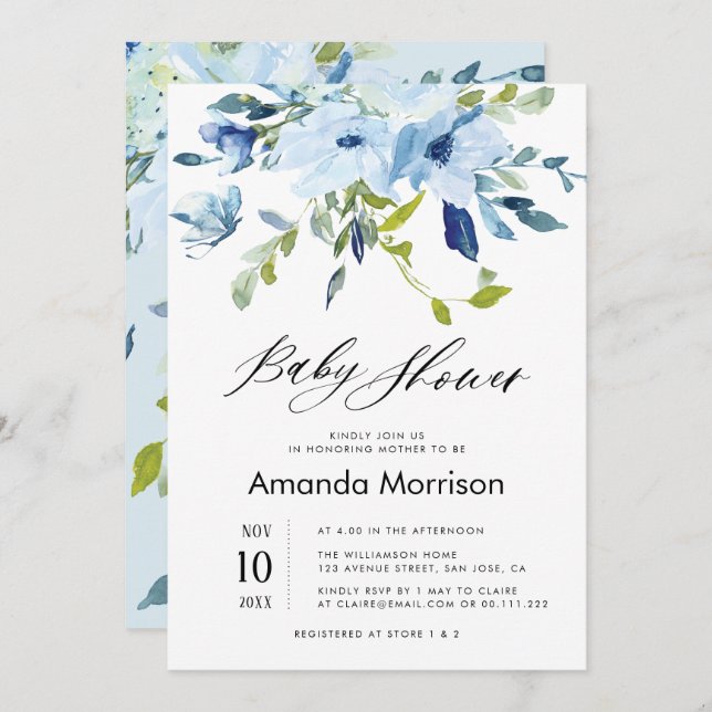 convite para chá de fraldas floral azul-aquarela (Frente/Verso)