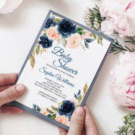 Convite para Chá de fraldas Floral Azul e Blush ma