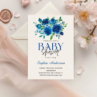 Convite para Chá de fraldas Floral Azul Elegante