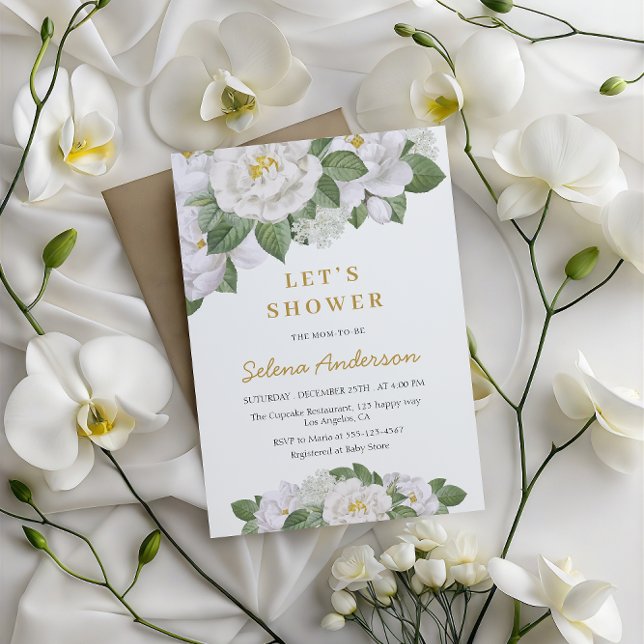 Convite para Chá de fraldas Floral Branco Elegante (Criador carregado)
