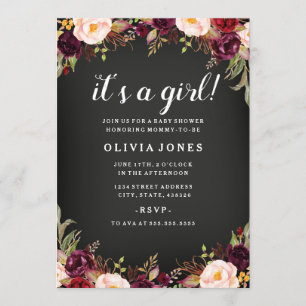 Convite para Chá de fraldas Floral Burgundy Chalkb