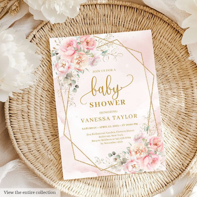 Convite para chá de fraldas floral cor-de-rosa-esb (Elegant blush pink floral girl baby shower invitation)