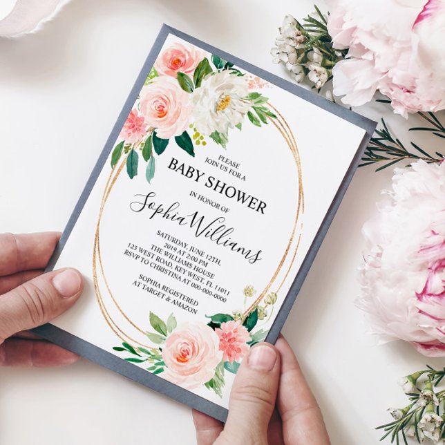 Convite para Chá de fraldas Floral Cor-de-Rosa Esb (Criador carregado)