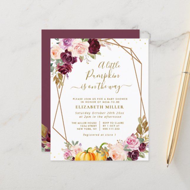 convite para chá de fraldas floral de abóbora (Frente/Verso In Situ)