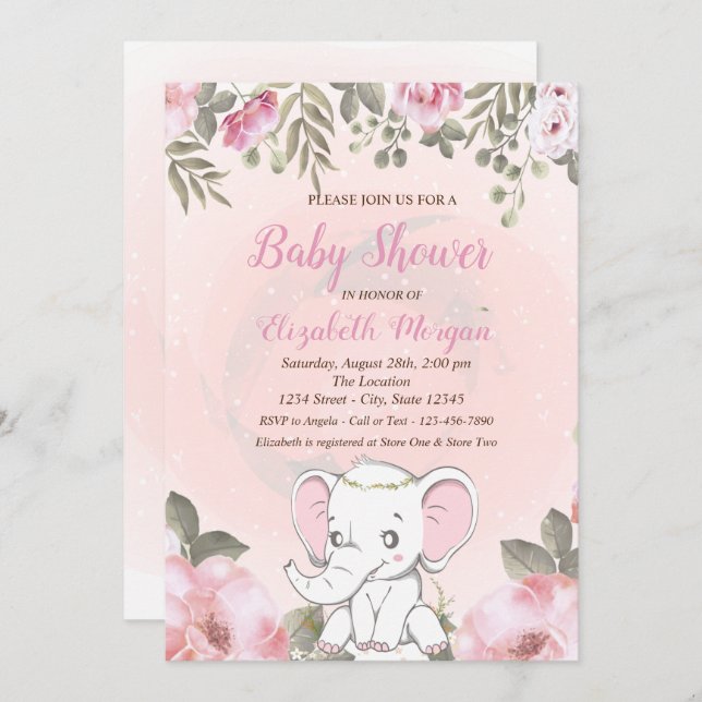 Convite para Chá de fraldas Floral de Baby Elephan (Frente/Verso)