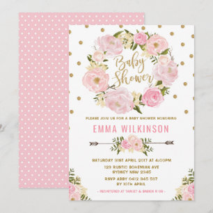 Convite para Chá de fraldas Floral de Boho Rosa e