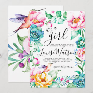 Convite para Chá de fraldas Floral de Hummingbird