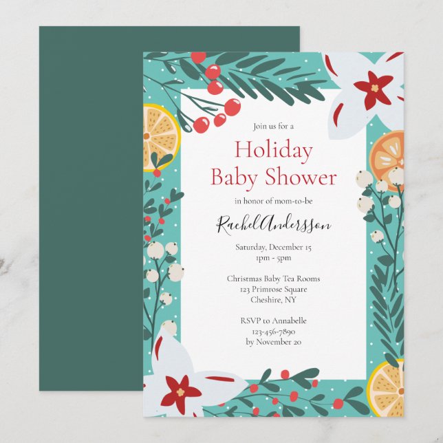 Convite para Chá de fraldas Floral de Natal (Frente/Verso)