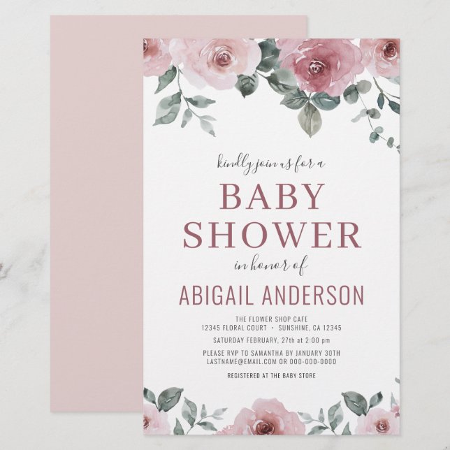 Convite para Chá de fraldas Floral de Rosa Dusty (Frente/Verso)