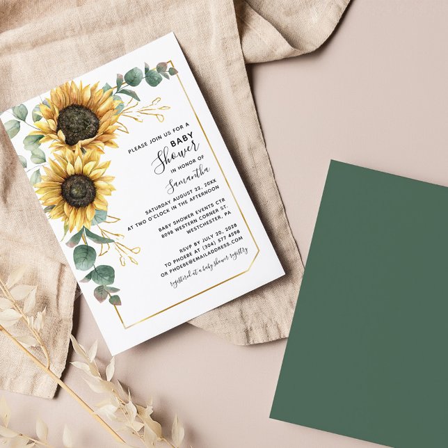 Convite para Chá de fraldas Floral de Sunflower (Sunflower Greenery Foliage Baby Shower Invitation)