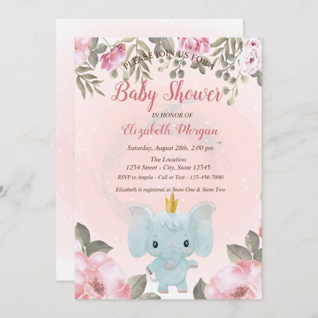 Convite para Chá de fraldas Floral do Baby Elephan (Frente/Verso)