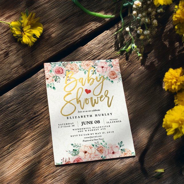 Convite para Chá de fraldas Floral Dourado Script  (Criador carregado)