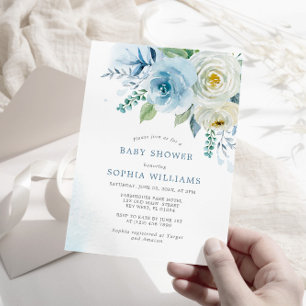 Convite para Chá de fraldas Floral Dusty Blue Rosa