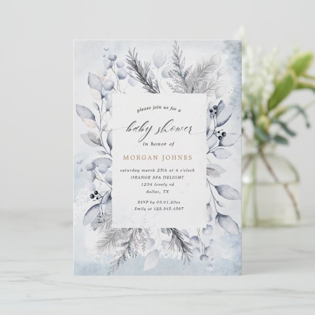 Convite para Chá de fraldas Floral Elegante Azul I (Em pé/Frente)