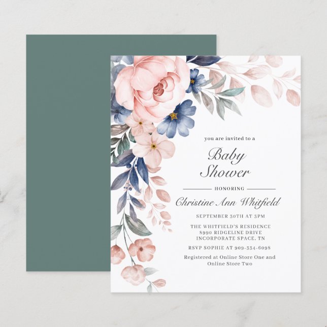 Convite para Chá de fraldas Floral Elegante de Orç (Frente/Verso)