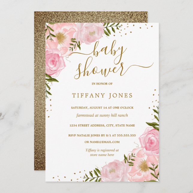 Convite para Chá de fraldas Floral Floral Dourado  (Frente/Verso)