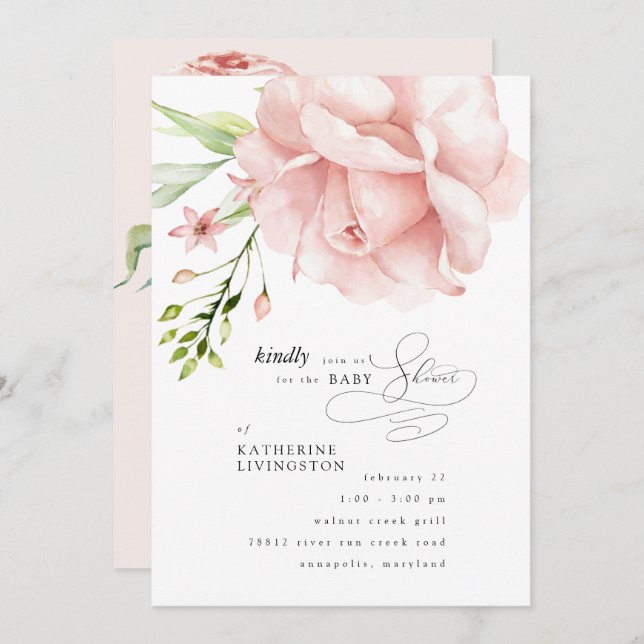 Convite para Chá de fraldas Floral Rosa Elegante (Frente/Verso)