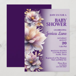 Convite para Chá de fraldas Floral Roxo Elegante
