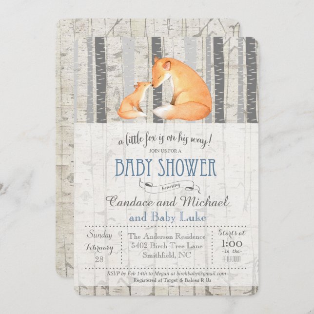 Convite para Chá de fraldas Fox Birch (Frente/Verso)