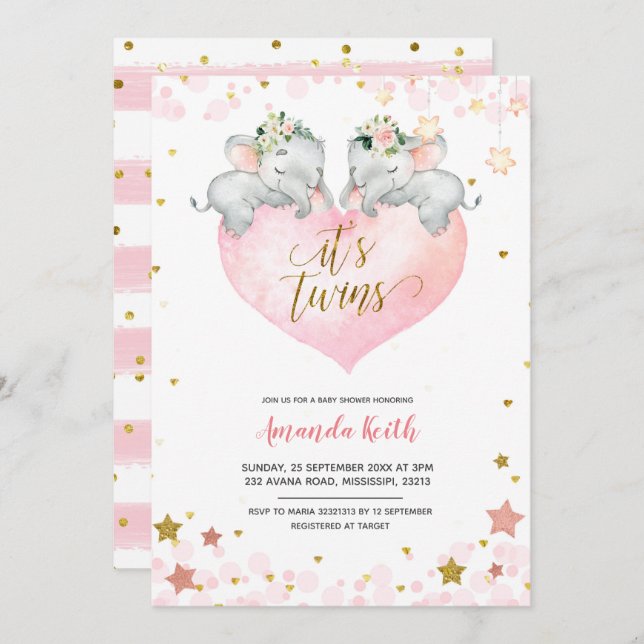 Convite para Chá de fraldas gêmeas elefantes (Frente/Verso)