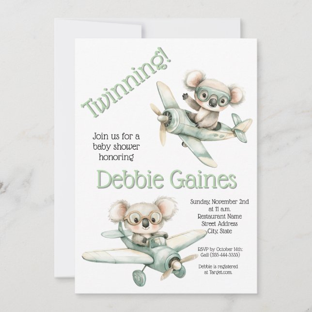 Convite para Chá de fraldas Koala Twin | Sexo Neut (Frente)