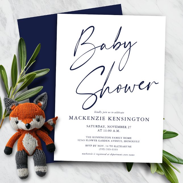 Convite para Chá de fraldas Marinho Azul Script Bo (Budget Navy Blue Script Boy Baby Shower Invitation)