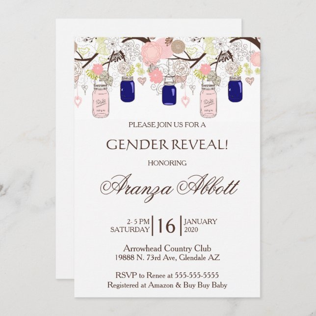 Convite para Chá de fraldas Mason Jars Reveal de G (Frente/Verso)