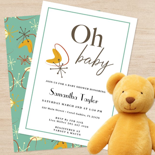 Convite para Chá de fraldas Moderno do Século médi (Oh Baby - Mid Century Modern Baby Shower Themed Invitation )