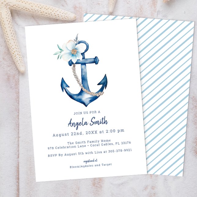 Convite para Chá de fraldas Náutico Costeiro | Anc (Blue Nautical Floral Anchor Baby Shower Invitation )