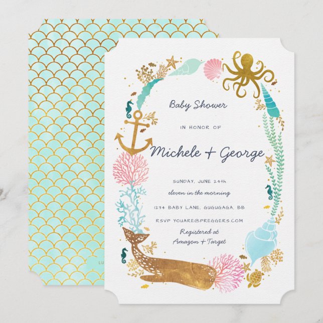 Convite para Chá de fraldas Náutico de Baleia (Frente/Verso)