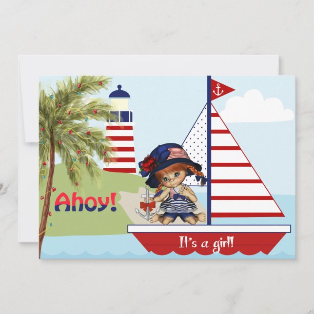 Convite para Chá de fraldas Náutico para Rapariga (Frente)
