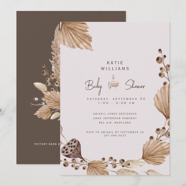 Convite para Chá de fraldas Pampas Rosa e Castanho (Frente/Verso)