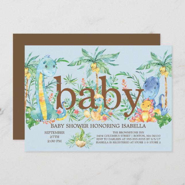 Convite para Chá de fraldas para Meninos Dinossaur (Frente/Verso)