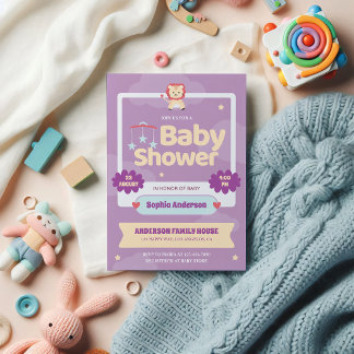 Convite para Chá de fraldas Púrpura Pastel - Leão-